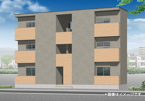 8月22日（金）・23日（土）に浦安市猫実4丁目で開催される完成内覧会の木造3階建てアパートです。グレーとベージュを基調とした高級感のあるアパートです。