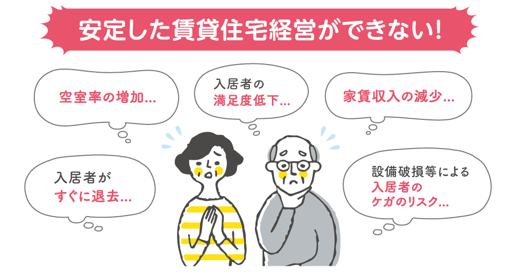 安定した賃貸住宅経営ができない!空室率の増加、入居者がすぐに退去、入居者の満足度低下、家賃収入の減少、設備破損等による入居者のケガのリスク